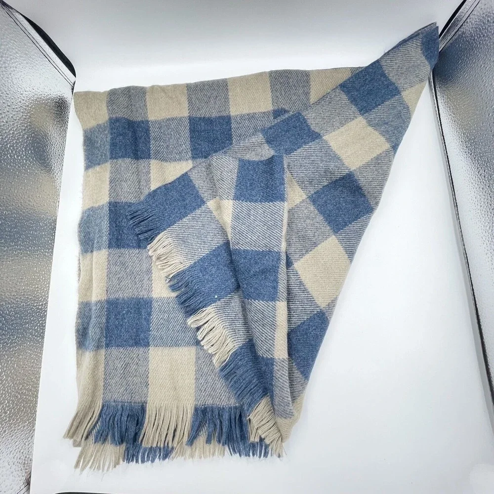 Unisex Fringe Scarf Blue Beige Viscose Plaid Long Rectangular 82 X 24.5 Inches